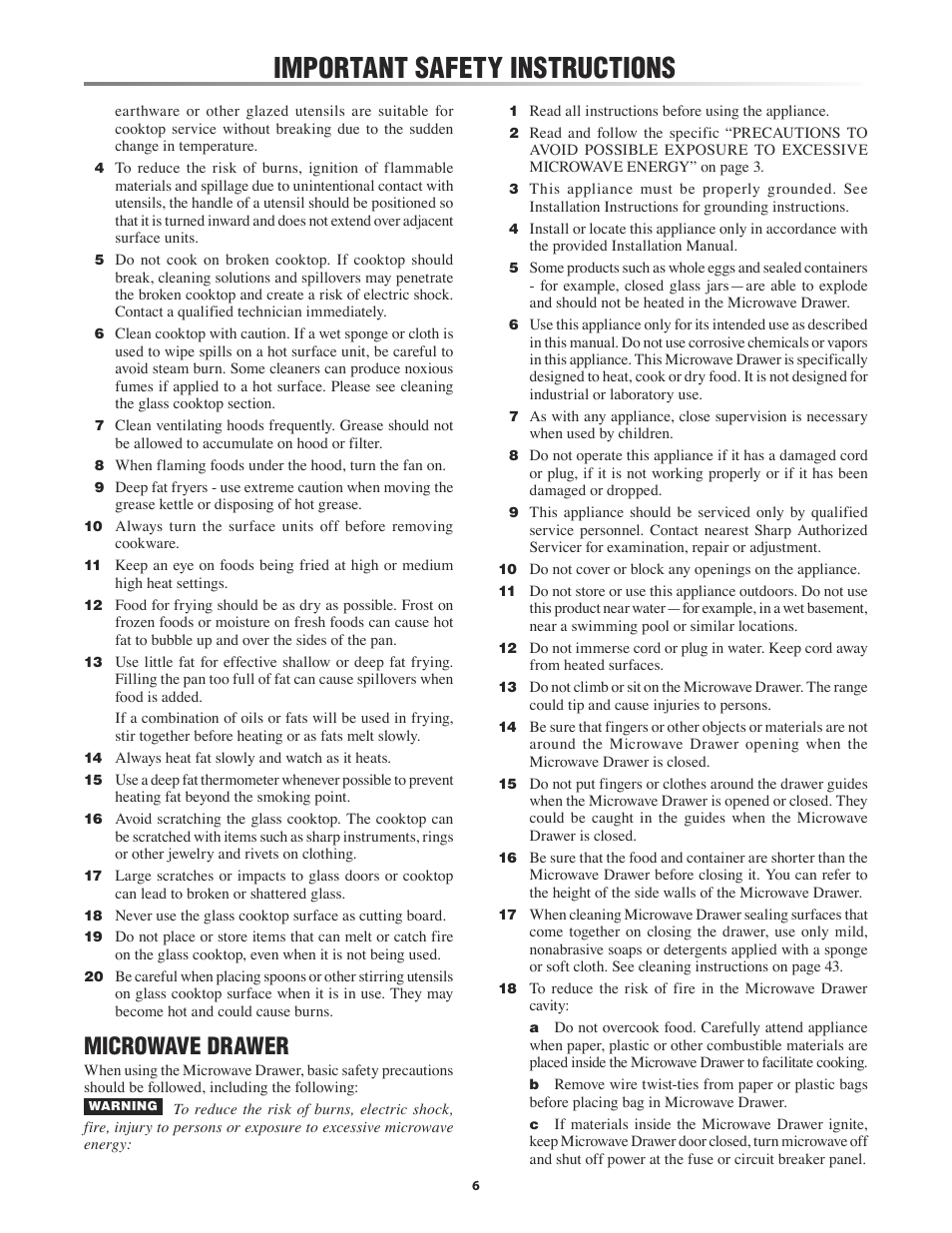 Units -6, Important safety instructions, Microwave drawer | Sharp KB-4425J User Manual | Page 6 / 48