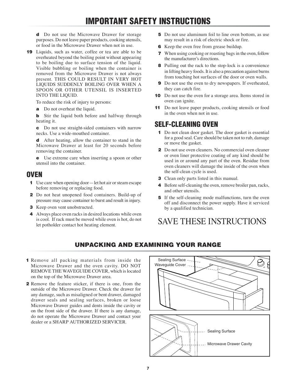 Ve drawer™ -7, Save these instructions, Important safety instructions | Oven, Self-cleaning oven, Unpacking and examining your range | Sharp KB-4425J User Manual | Page 7 / 48