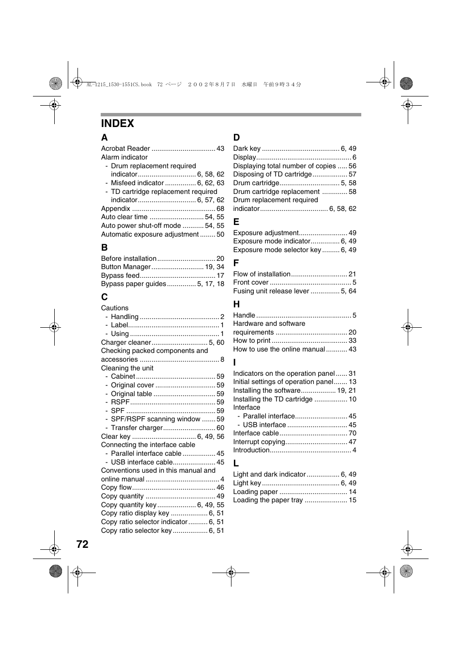 72 index | Sharp AL-1215 User Manual | Page 74 / 88
