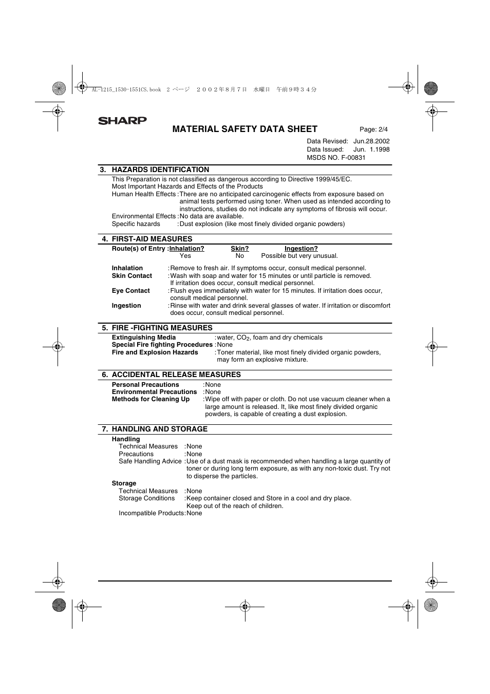Material safety data sheet | Sharp AL-1215 User Manual | Page 80 / 88