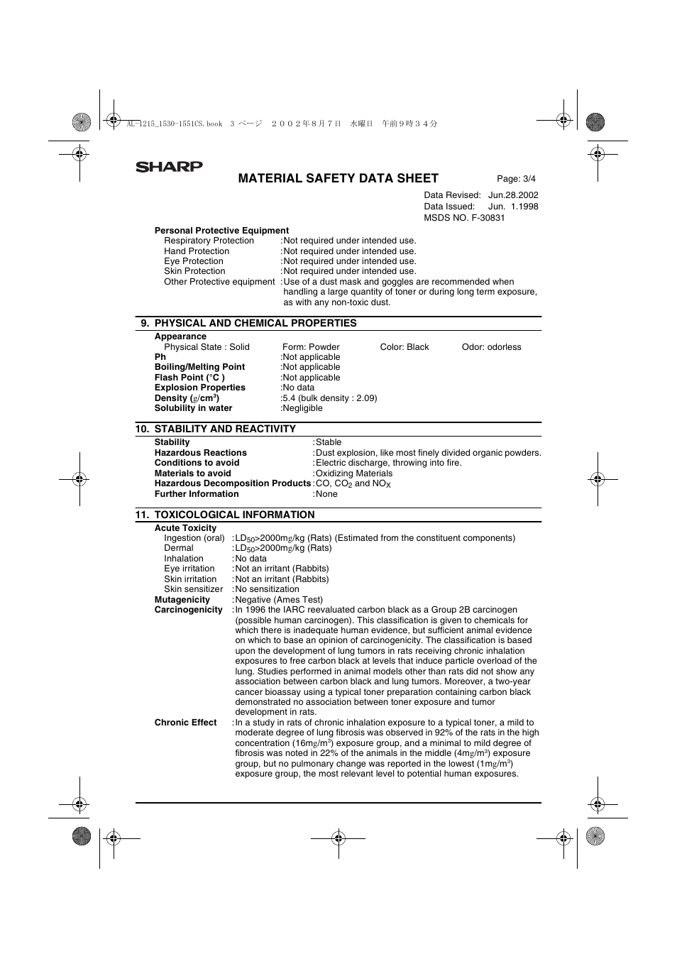 Material safety data sheet | Sharp AL-1215 User Manual | Page 85 / 88