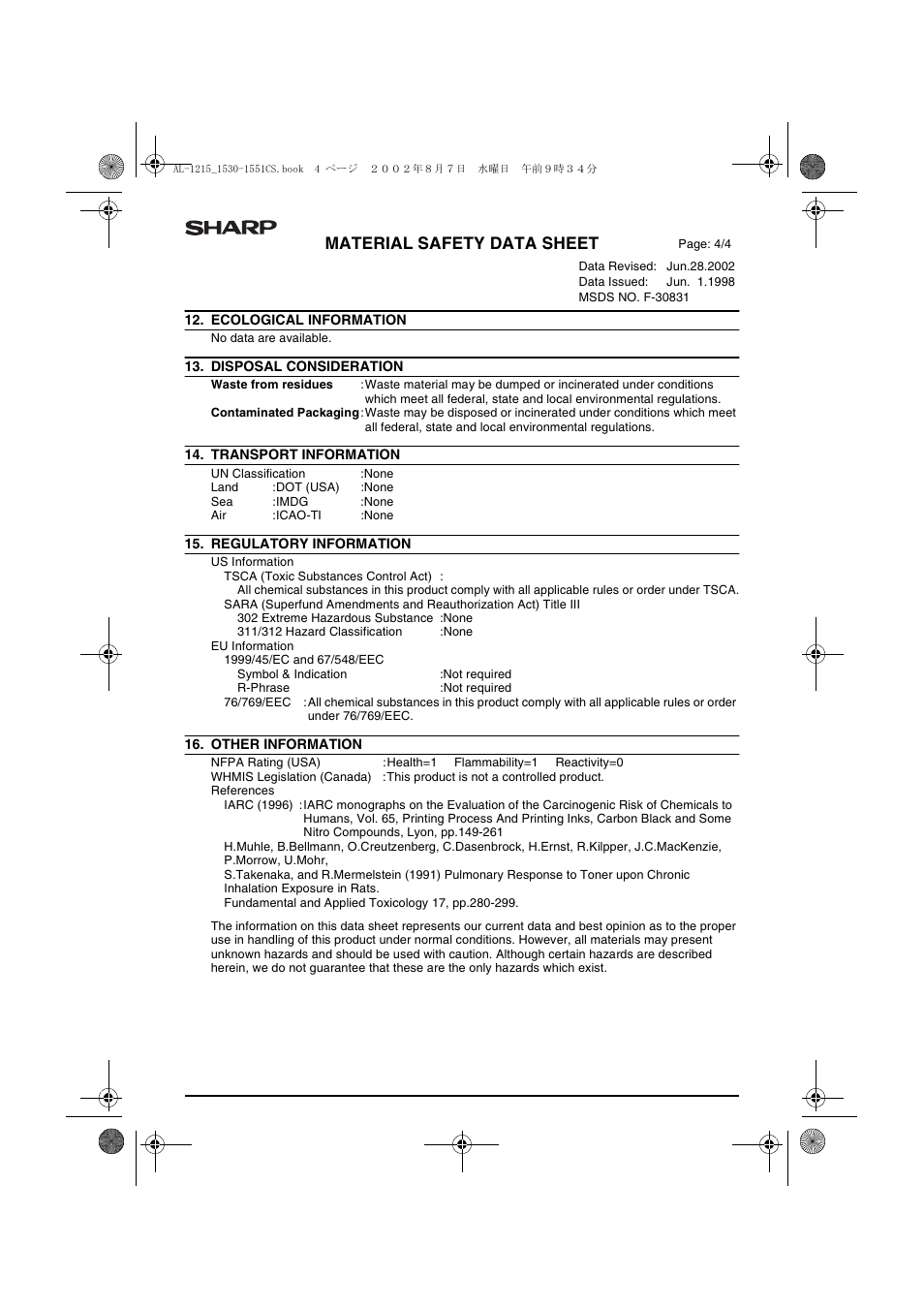 Material safety data sheet | Sharp AL-1215 User Manual | Page 86 / 88
