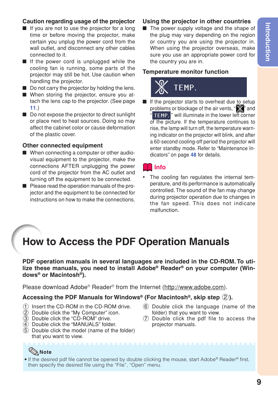 How to access the pdf operation manuals, How to access the pdf operation, Manuals | Intr oduction | Sharp Notevision PG-F261X User Manual | Page 11 / 70