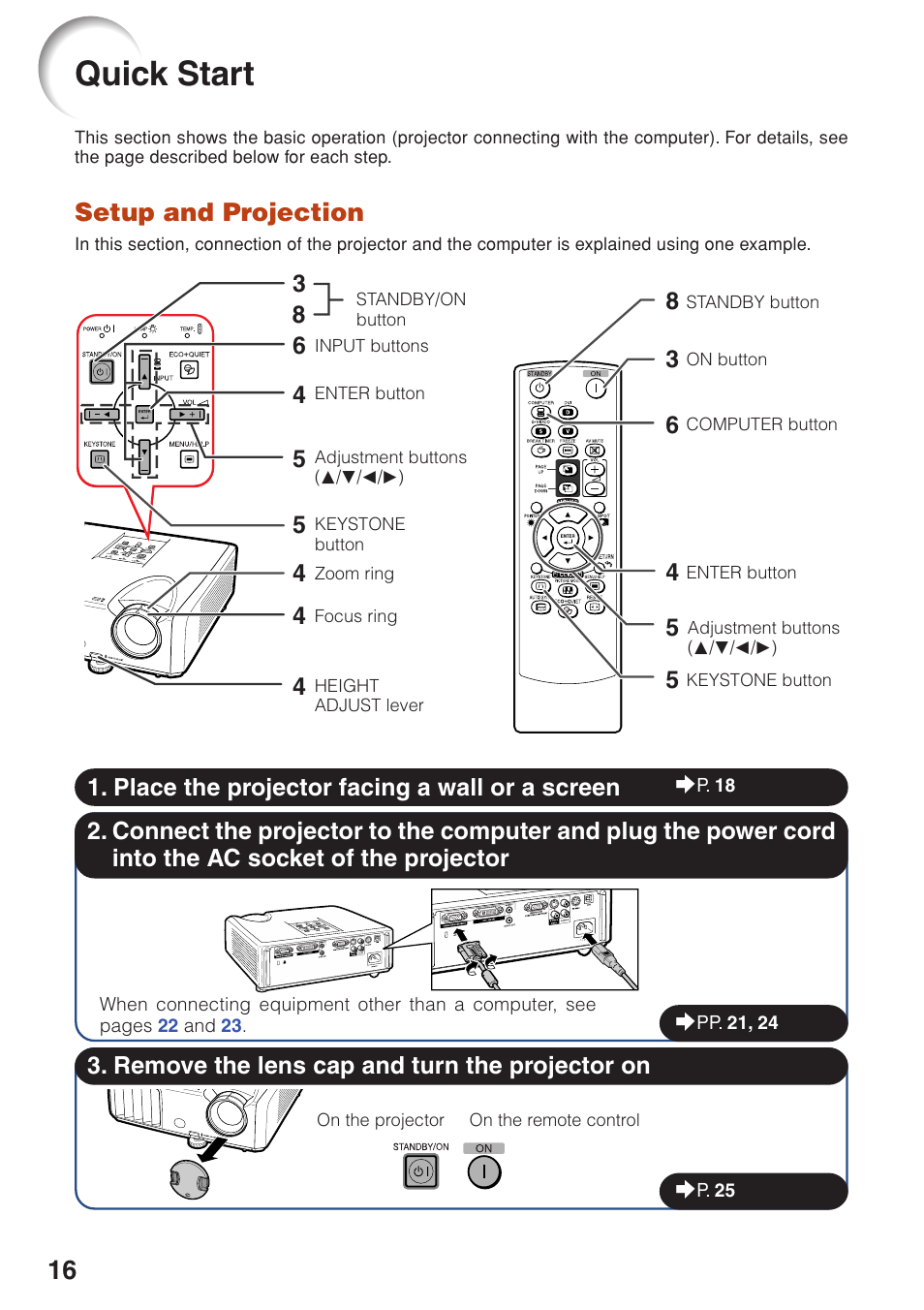 Quick start, Quic, K star | Setup and projection | Sharp Notevision PG-F261X User Manual | Page 18 / 70