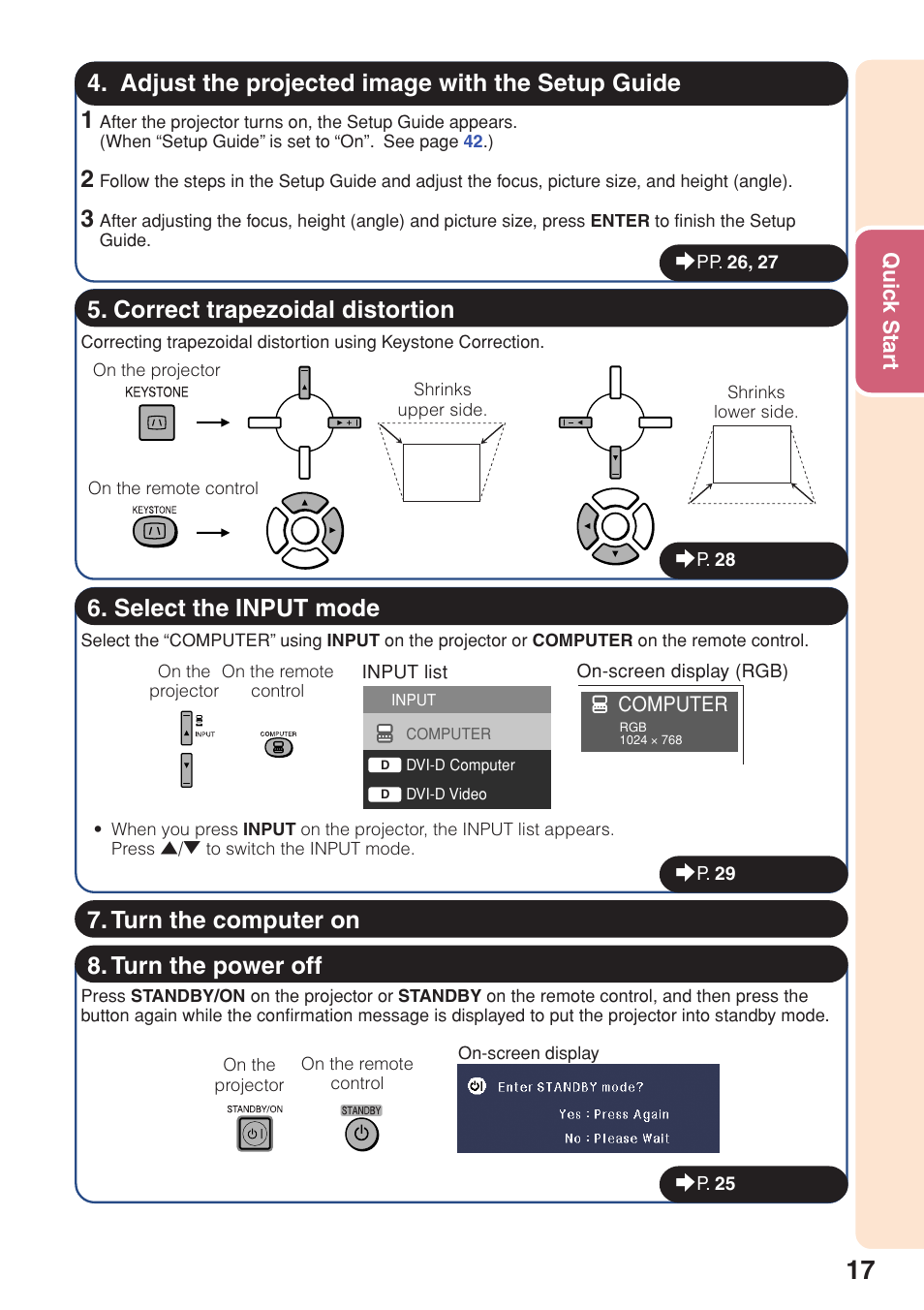 Adjust the projected image with the setup guide, Select the input mode, Turn the computer on | Sharp Notevision PG-F261X User Manual | Page 19 / 70