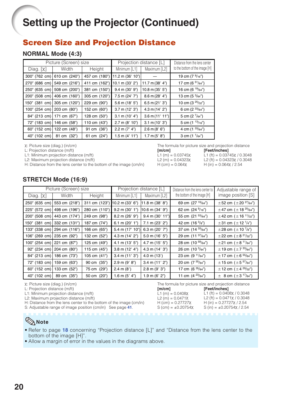 Screen size and projection distance, For additional infor, Setting up the projector (continued) | Normal mode (4:3), Stretch mode (16:9) | Sharp Notevision PG-F261X User Manual | Page 22 / 70