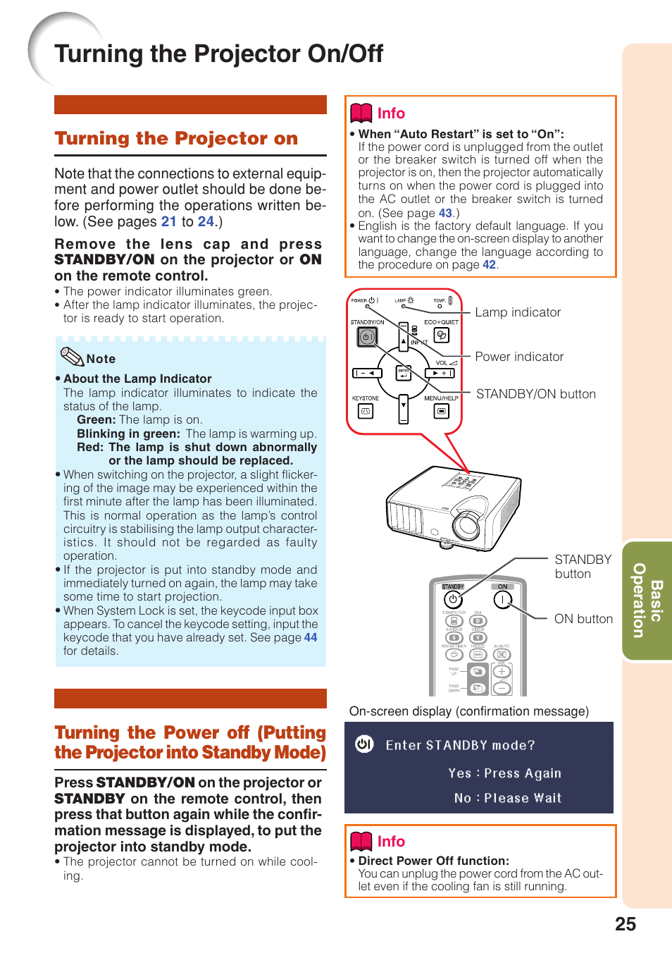 Basic operation, Turning the projector on/off, Turning the projector on | Basic, Operation, Projector into standby mode) | Sharp Notevision PG-F261X User Manual | Page 27 / 70