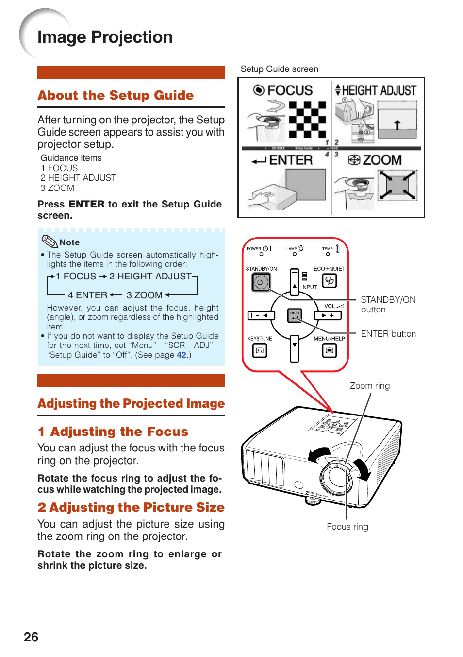 Image projection, About the setup guide, Adjusting the projected image | 1 adjusting the focus | Sharp Notevision PG-F261X User Manual | Page 28 / 70