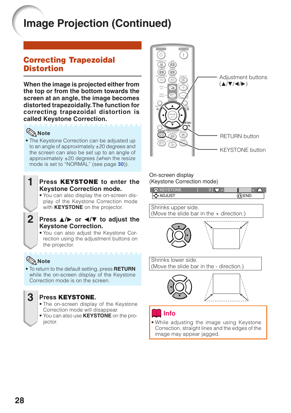 Correcting trapezoidal distortion, Image projection (continued) | Sharp Notevision PG-F261X User Manual | Page 30 / 70