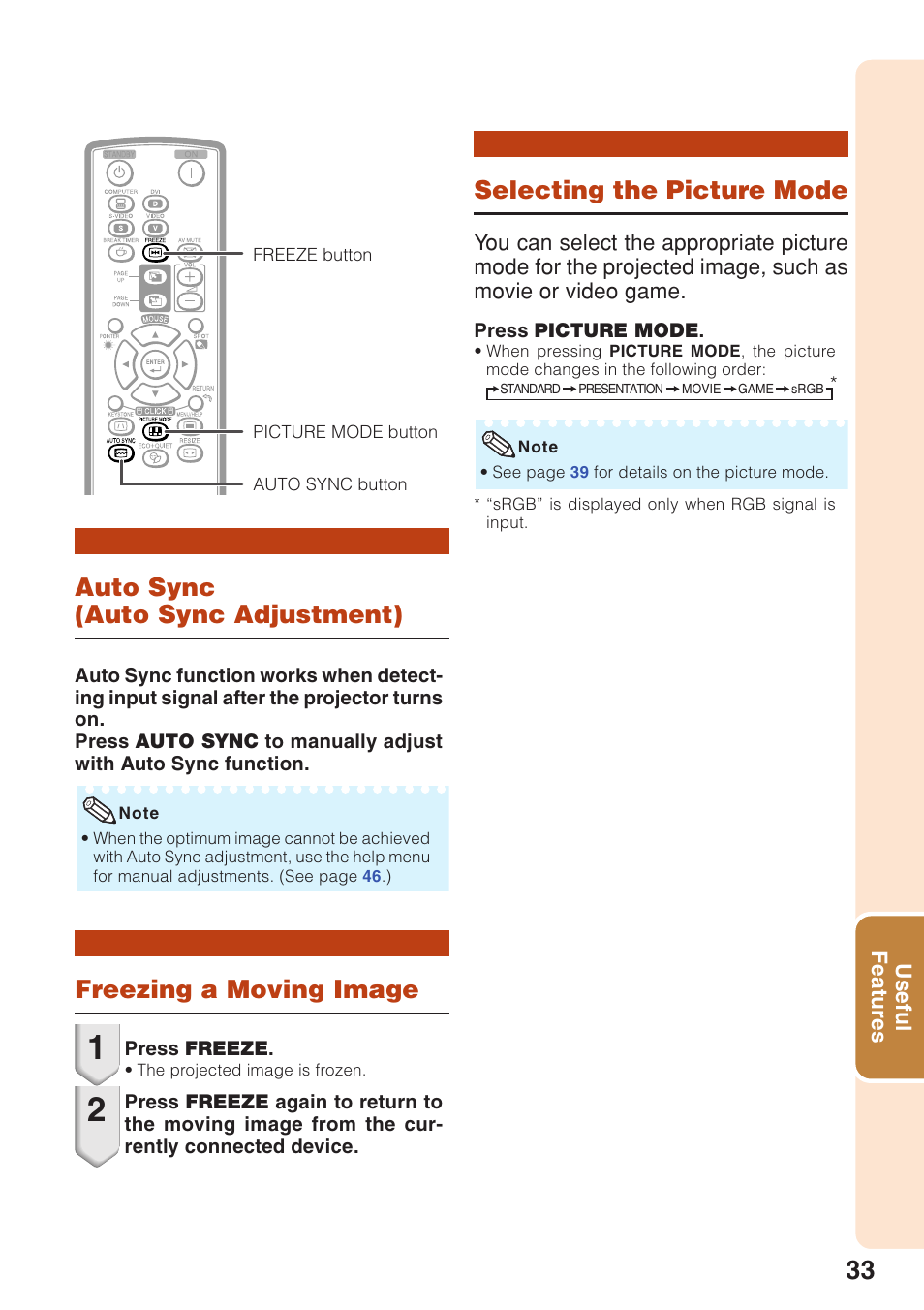 Auto sync (auto sync adjustment), Freezing a moving image, Selecting the picture mode | Sharp Notevision PG-F261X User Manual | Page 35 / 70