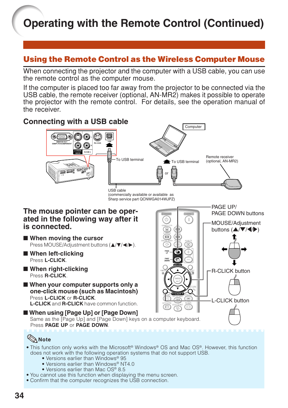 Using the remote control as the, Wireless computer mouse, Operating with the remote control (continued) | Connecting with a usb cable | Sharp Notevision PG-F261X User Manual | Page 36 / 70