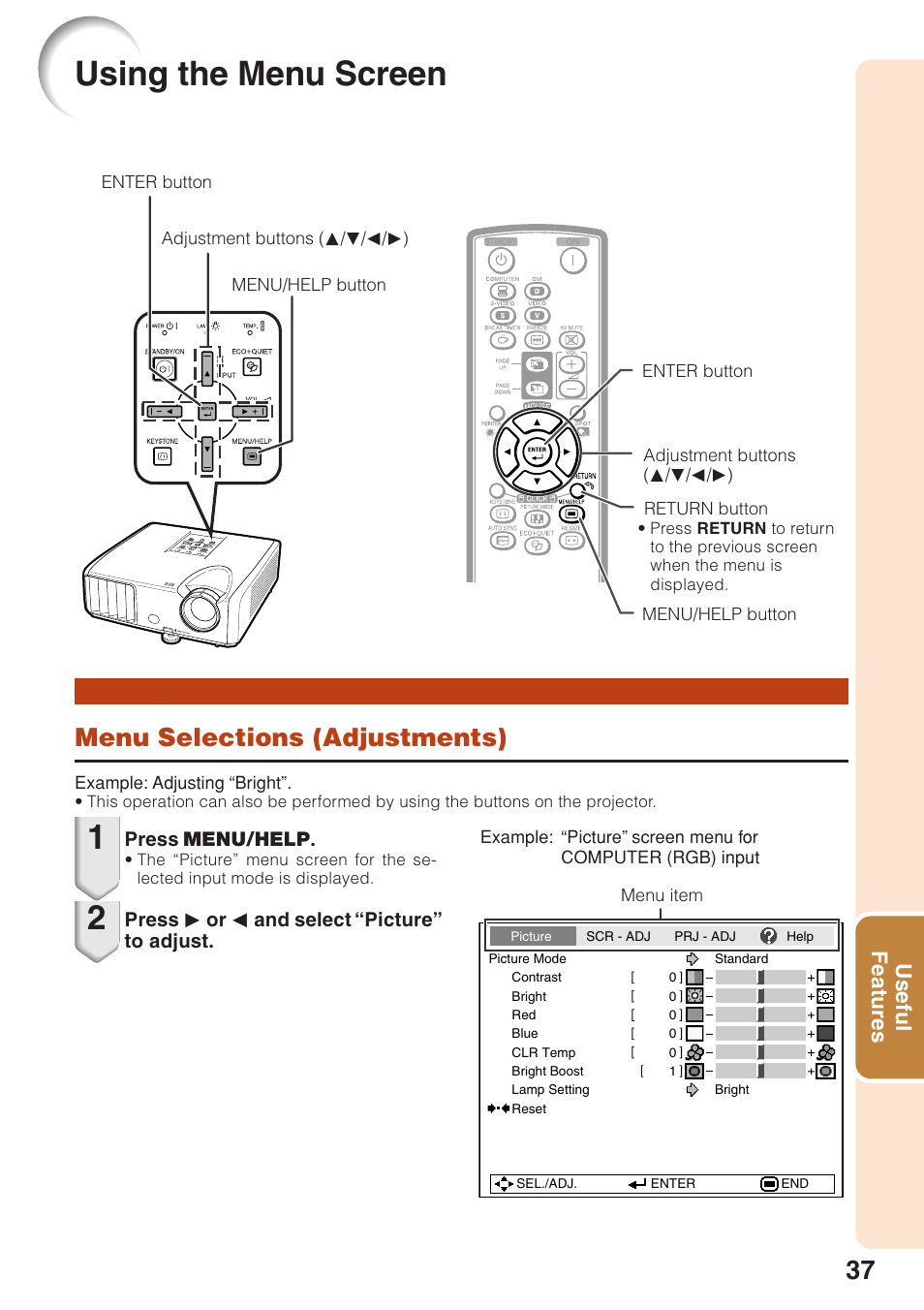 Using the menu screen, Menu selections (adjustments), Useful features | Sharp Notevision PG-F261X User Manual | Page 39 / 70