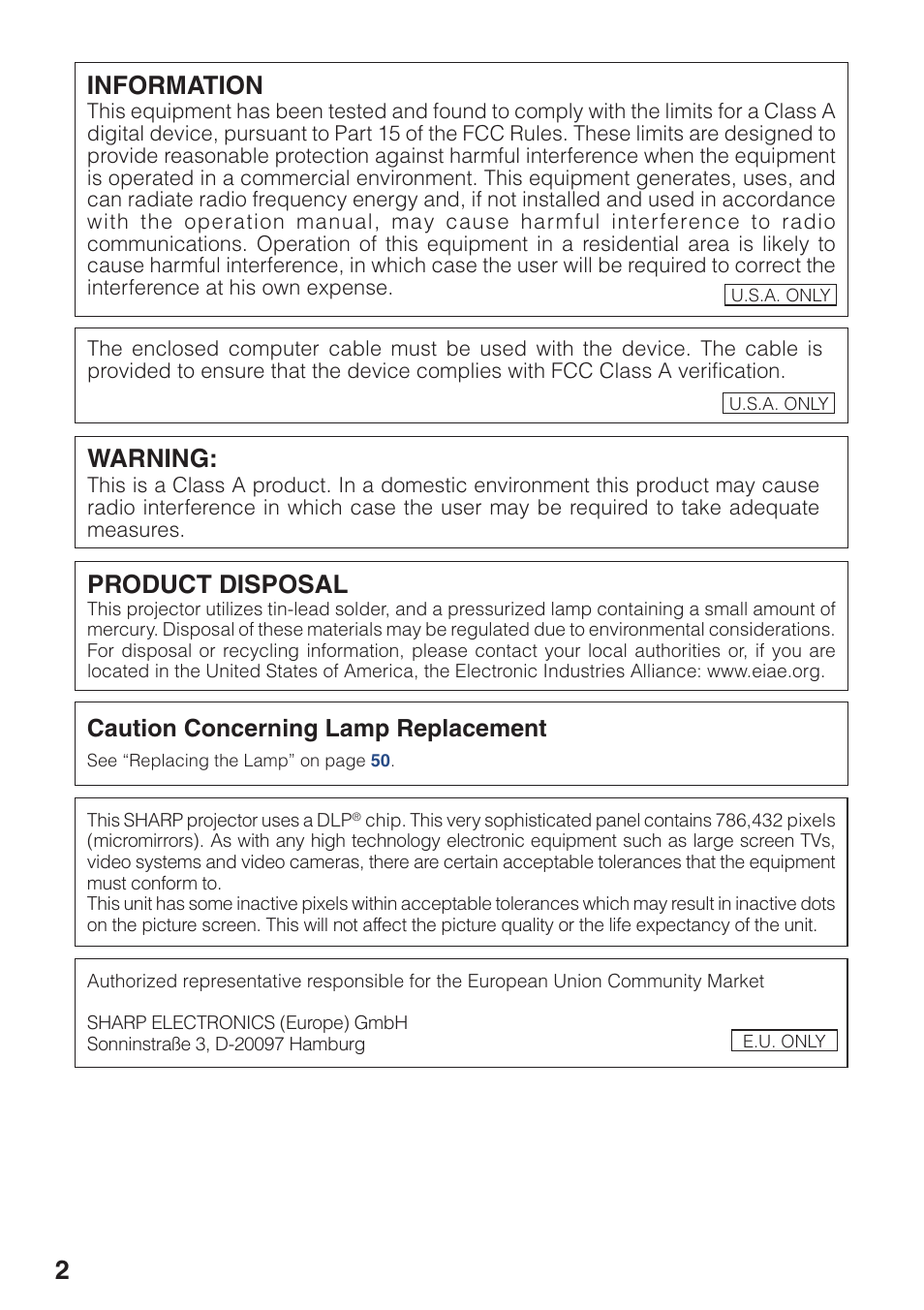 Product disposal, Information, Warning | Caution concerning lamp replacement | Sharp Notevision PG-F261X User Manual | Page 4 / 70