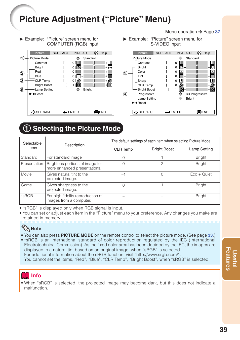 Picture adjustment (“picture” menu), Selecting the picture mode, For details on the pictur | 11 selecting the picture mode, Useful features, Info | Sharp Notevision PG-F261X User Manual | Page 41 / 70