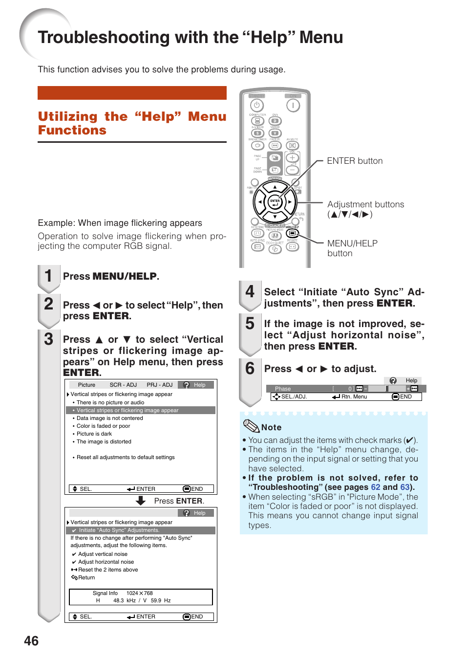 Troubleshooting with the “help” menu, Utilizing the “help” menu functions, Press menu/help | Press o or q to select “help”, then press enter | Sharp Notevision PG-F261X User Manual | Page 48 / 70