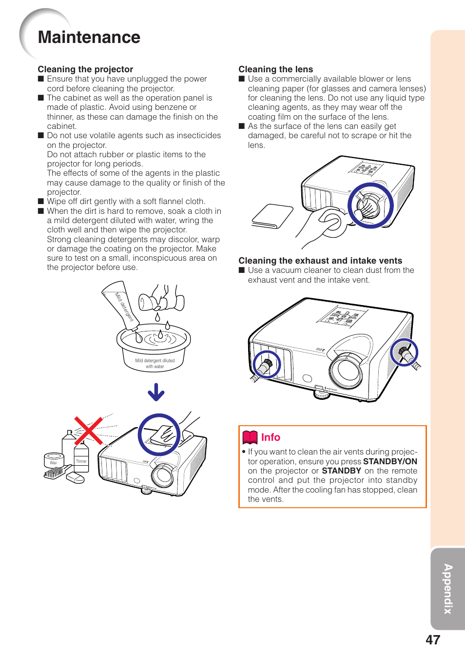 Appendix, Maintenance, Info | Sharp Notevision PG-F261X User Manual | Page 49 / 70