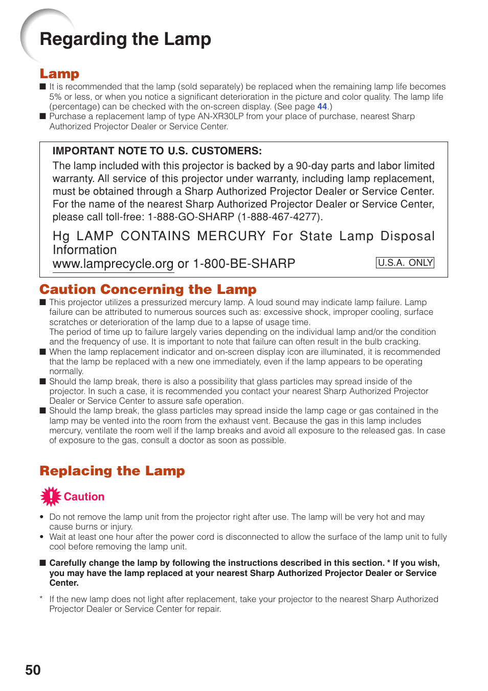 Regarding the lamp, Lamp, Caution concerning the lamp | Replacing the lamp | Sharp Notevision PG-F261X User Manual | Page 52 / 70