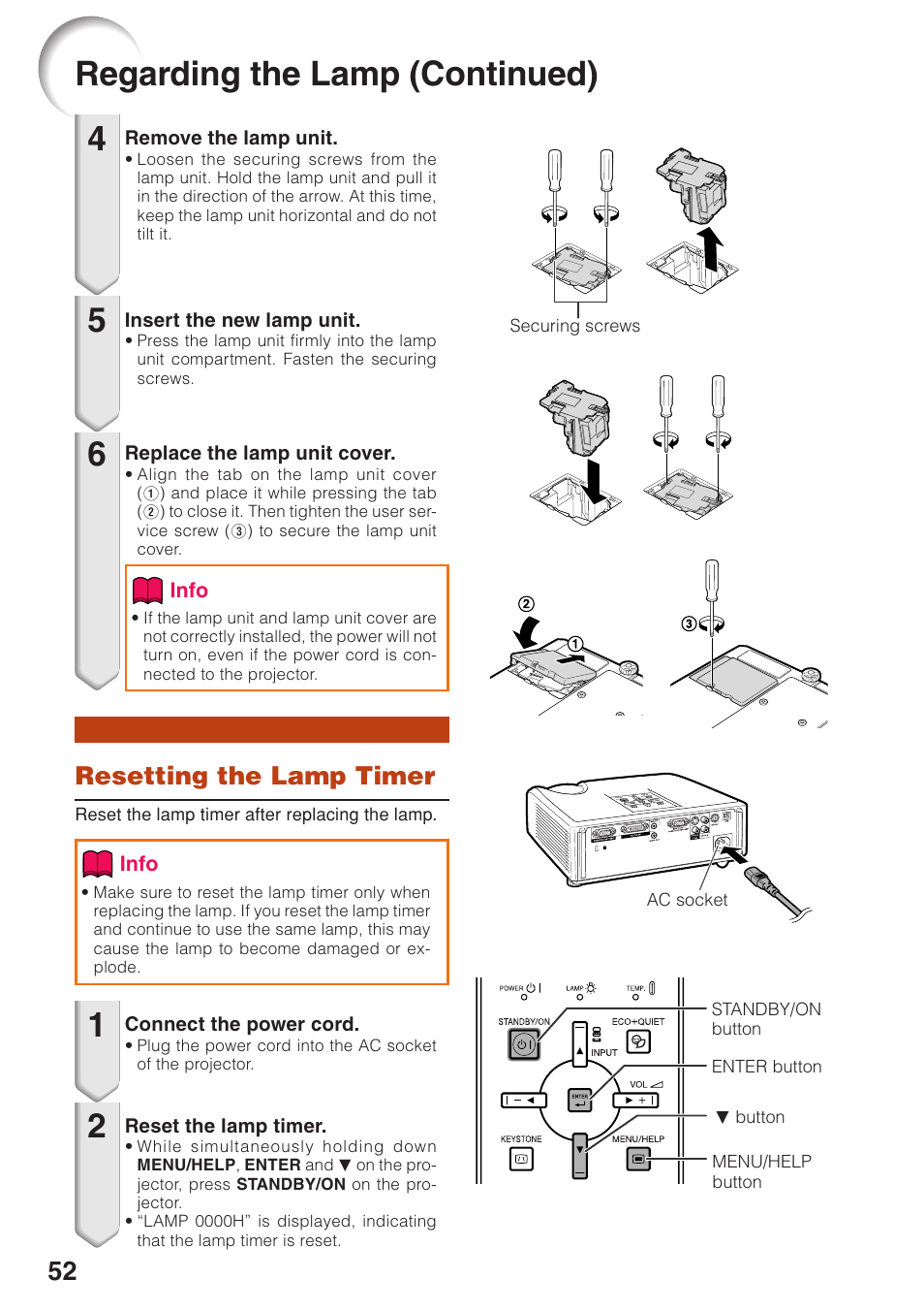 Resetting the lamp timer, Regarding the lamp (continued) | Sharp Notevision PG-F261X User Manual | Page 54 / 70