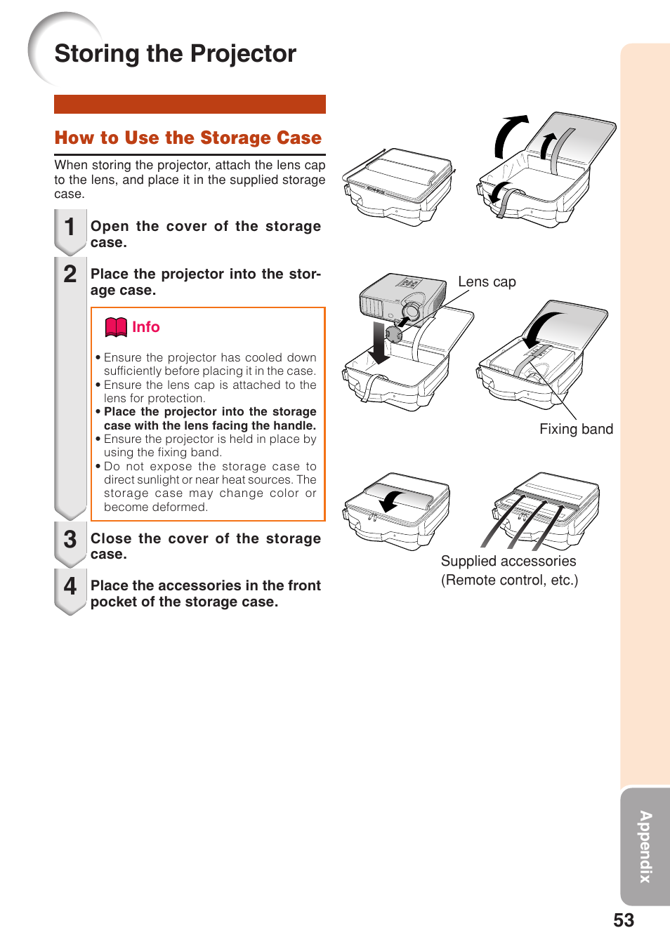 Storing the projector, How to use the storage case | Sharp Notevision PG-F261X User Manual | Page 55 / 70