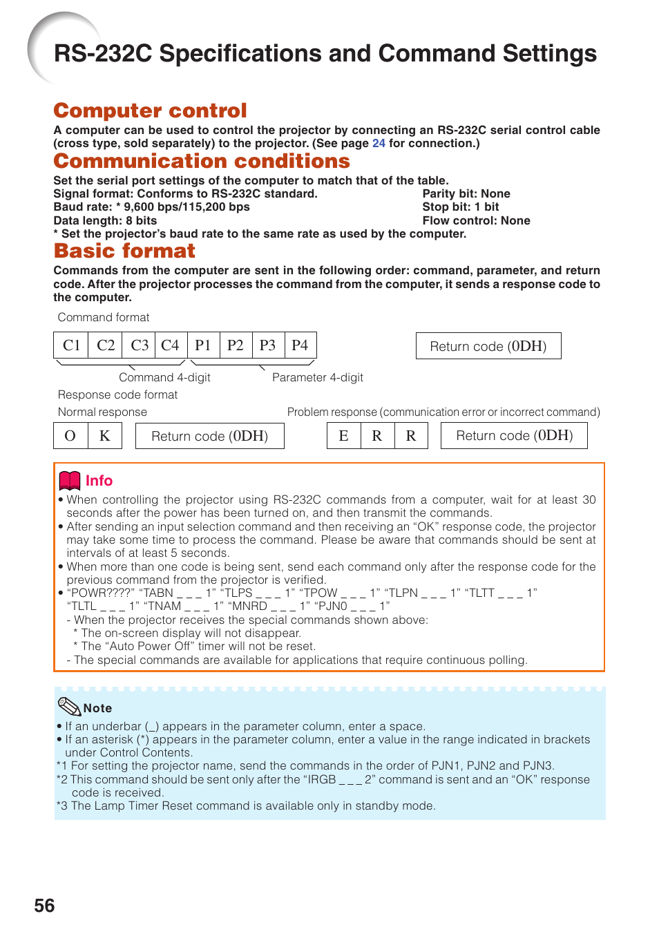 Rs-232c specifications and command settings, Rs-232c specifications and, Command settings | Computer control, Communication conditions, Basic format | Sharp Notevision PG-F261X User Manual | Page 58 / 70