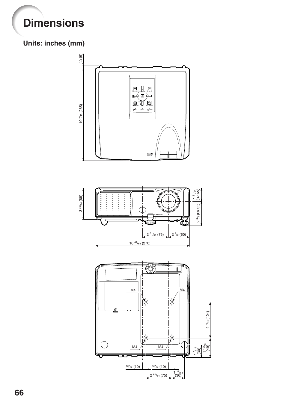 Dimensions, Units: inches (mm) | Sharp Notevision PG-F261X User Manual | Page 68 / 70