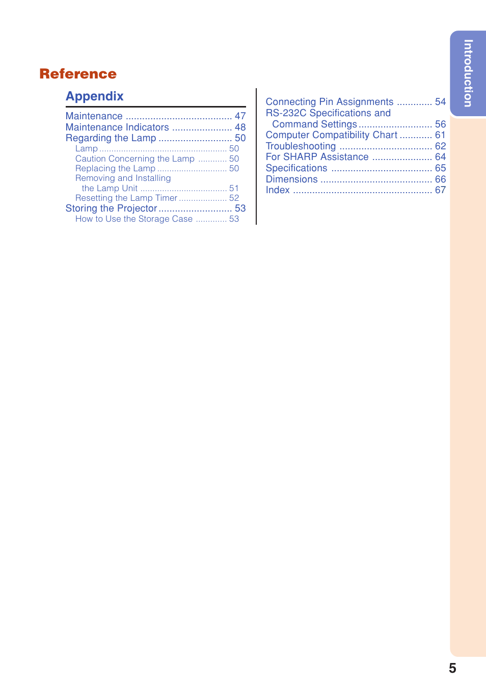 Reference, Appendix | Sharp Notevision PG-F261X User Manual | Page 7 / 70