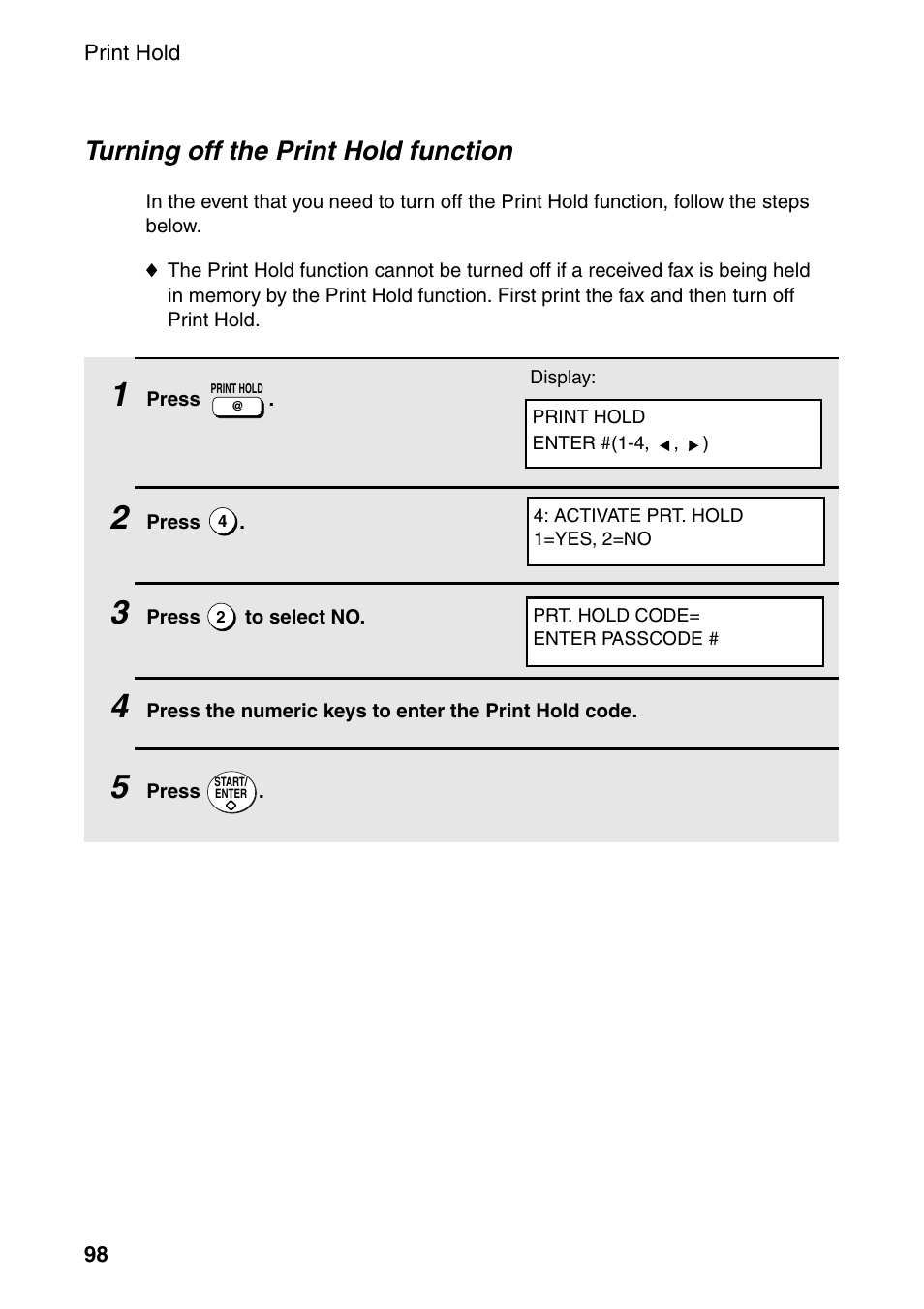 Turning off the print hold function | Sharp FO-4470 User Manual | Page 100 / 148