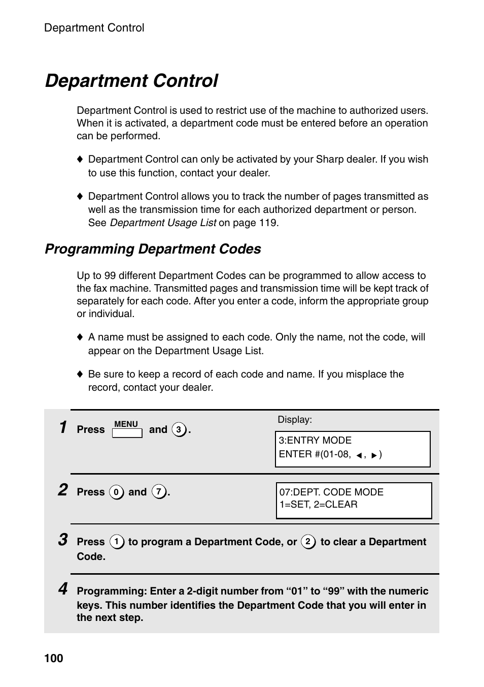 Department control, Programming department codes | Sharp FO-4470 User Manual | Page 102 / 148