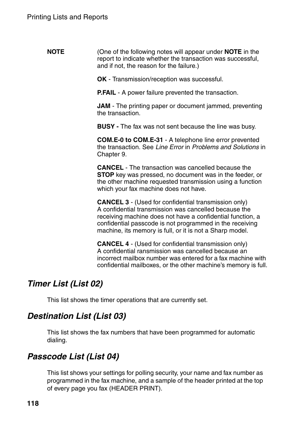 Timer list (list 02), Destination list (list 03), Passcode list (list 04) | Sharp FO-4470 User Manual | Page 120 / 148