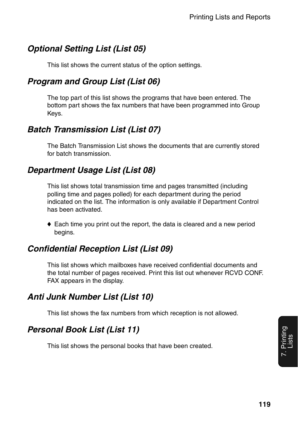Optional setting list (list 05), Program and group list (list 06), Batch transmission list (list 07) | Department usage list (list 08), Confidential reception list (list 09), Anti junk number list (list 10), Personal book list (list 11) | Sharp FO-4470 User Manual | Page 121 / 148