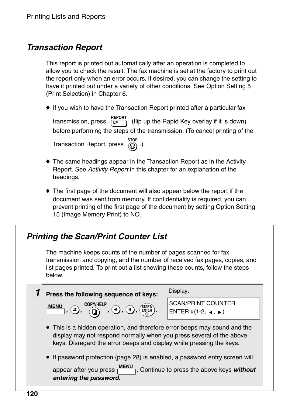 Transaction report, Printing the scan/print counter list | Sharp FO-4470 User Manual | Page 122 / 148