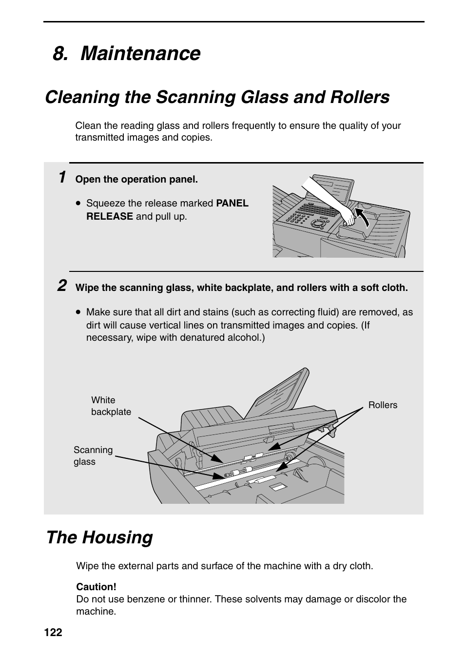Maintenance, Cleaning the scanning glass and rollers, The housing | Sharp FO-4470 User Manual | Page 124 / 148