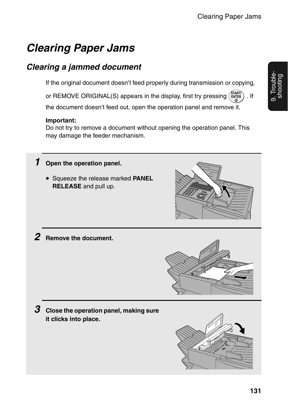 Clearing paper jams, Clearing a jammed document | Sharp FO-4470 User Manual | Page 133 / 148