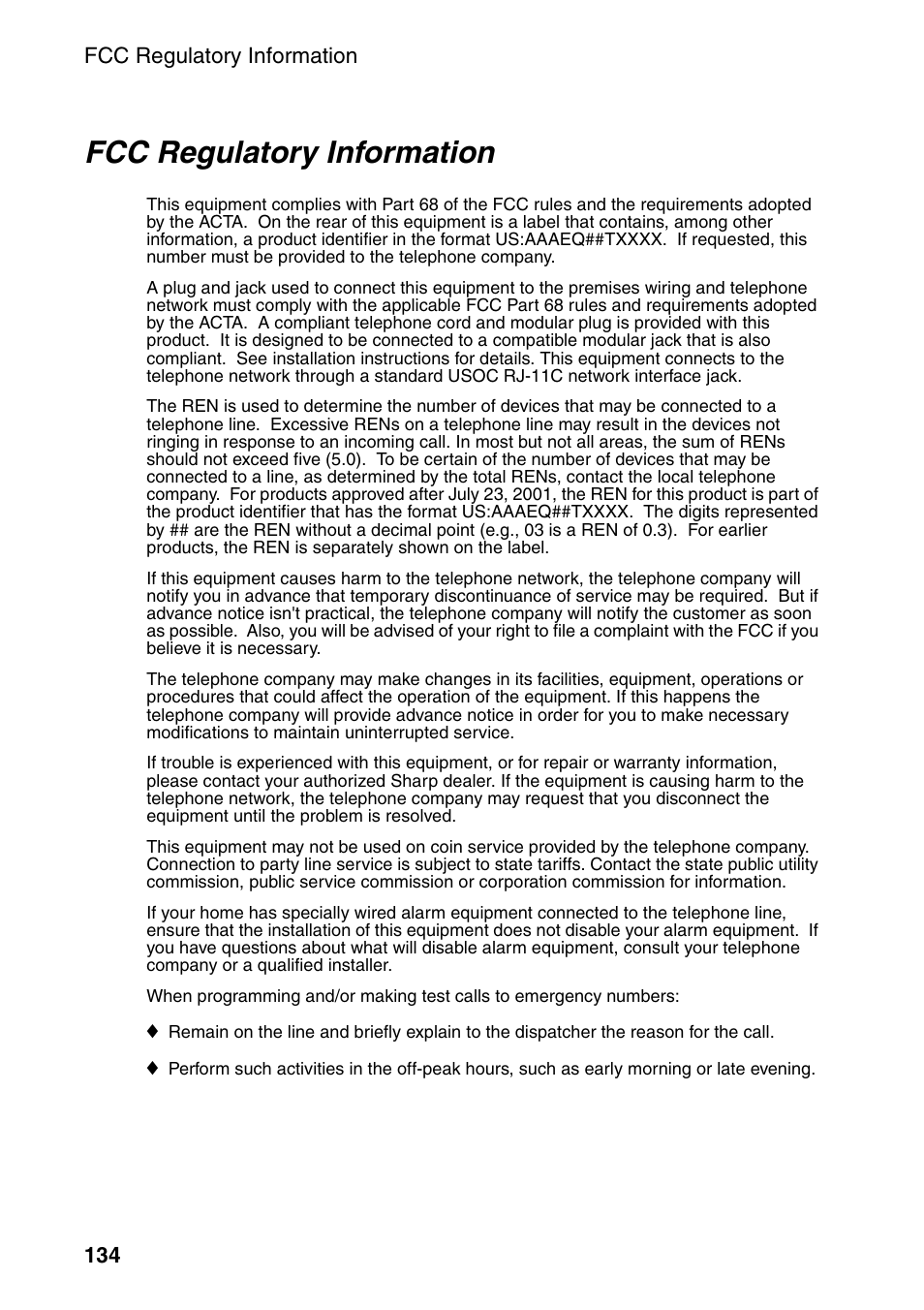 Fcc regulatory information | Sharp FO-4470 User Manual | Page 136 / 148