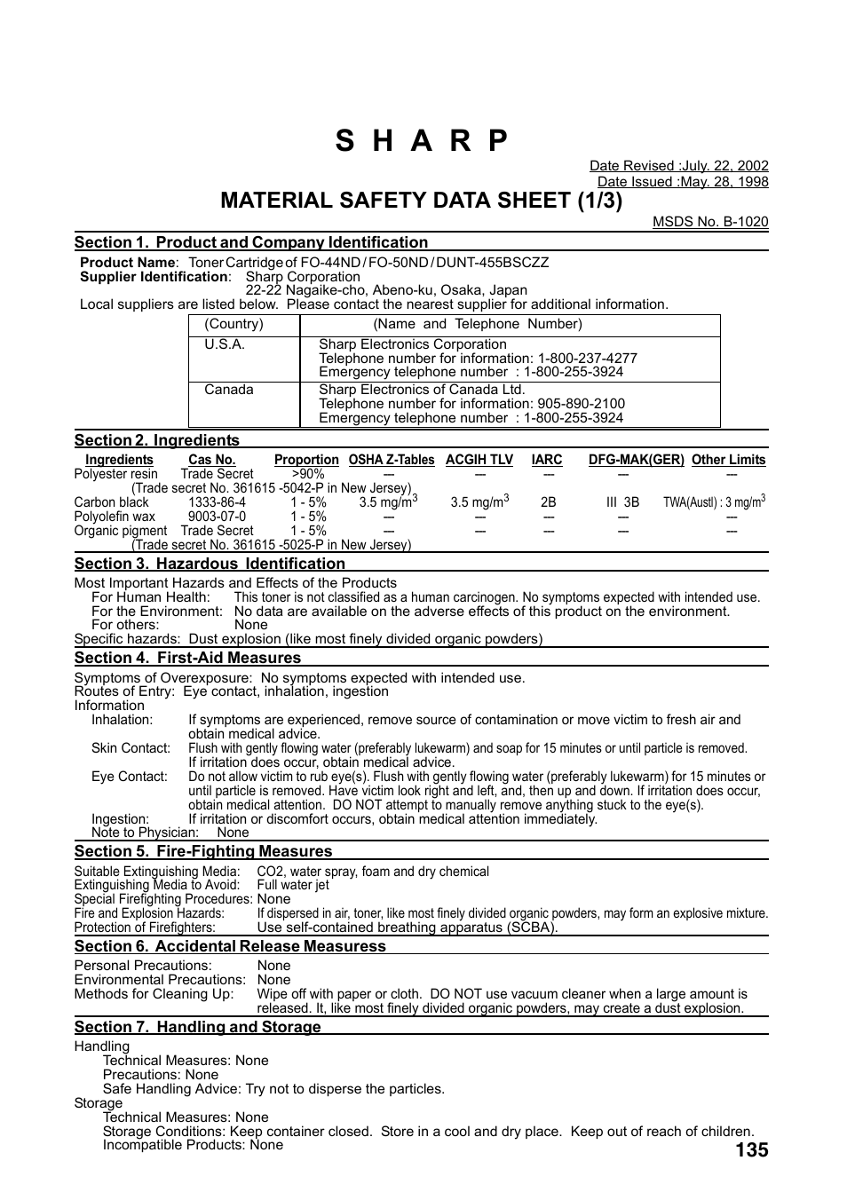 Material safety data sheet (1/3) | Sharp FO-4470 User Manual | Page 137 / 148