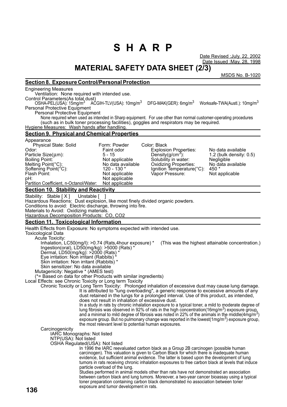 Material safety data sheet (2/3) | Sharp FO-4470 User Manual | Page 138 / 148