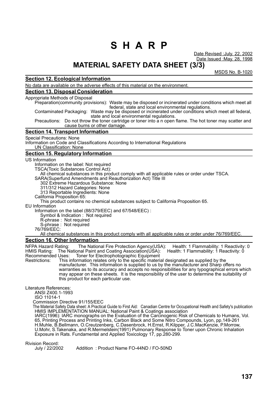 Material safety data sheet (3/3) | Sharp FO-4470 User Manual | Page 139 / 148