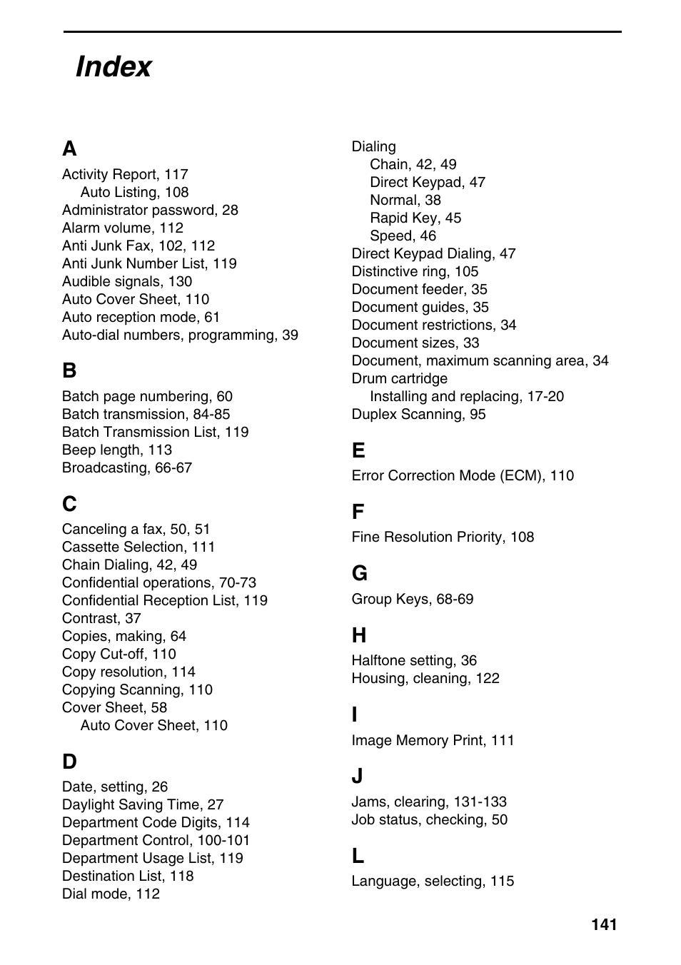 Index | Sharp FO-4470 User Manual | Page 143 / 148