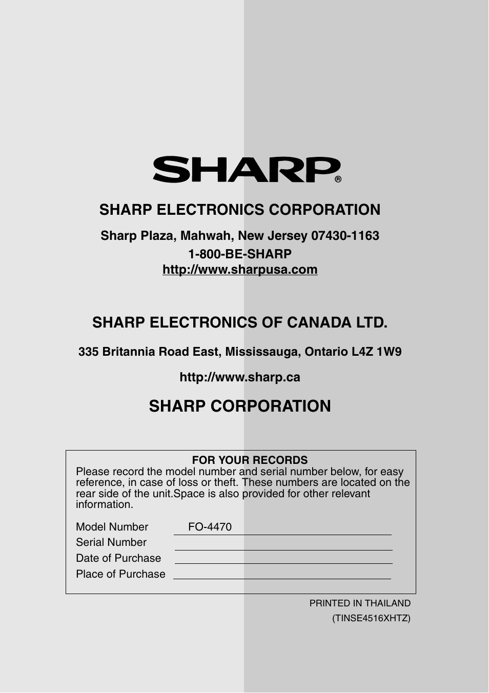 Sharp corporation, Sharp electronics corporation, Sharp electronics of canada ltd | Sharp FO-4470 User Manual | Page 148 / 148
