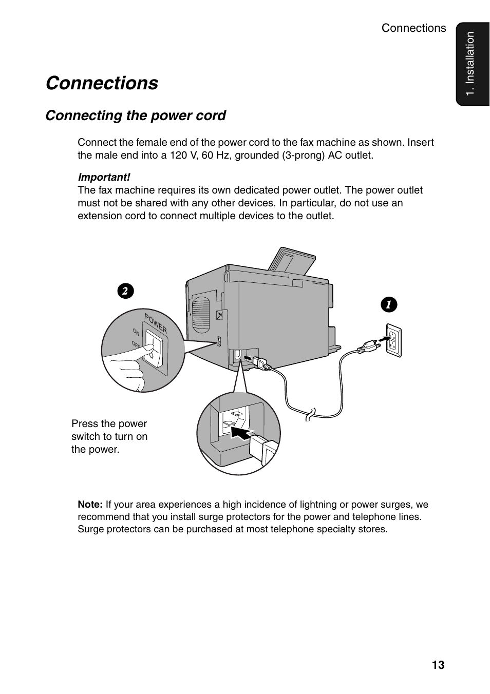 Connections, Connecting the power cord | Sharp FO-4470 User Manual | Page 15 / 148