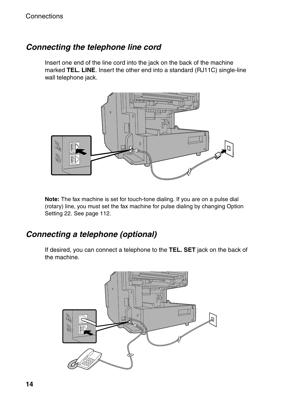 Connecting the telephone line cord, Connecting a telephone (optional) | Sharp FO-4470 User Manual | Page 16 / 148