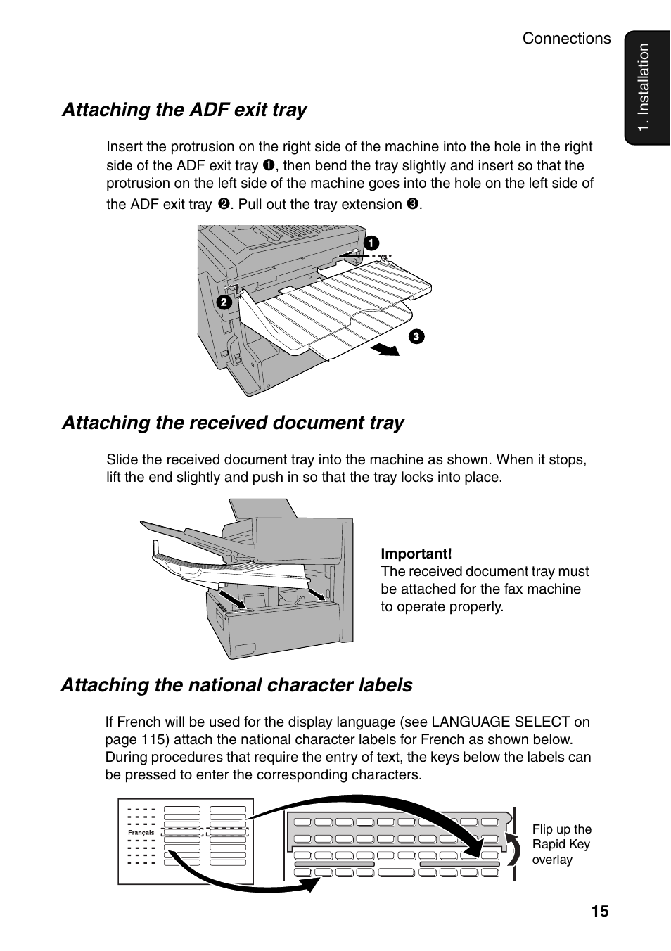 Attaching the adf exit tray, Attaching the received document tray, Attaching the national character labels | Sharp FO-4470 User Manual | Page 17 / 148
