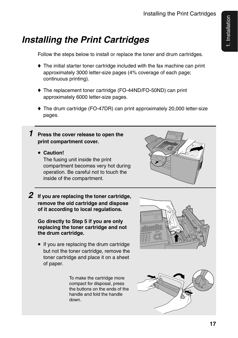 Installing the print cartridges | Sharp FO-4470 User Manual | Page 19 / 148