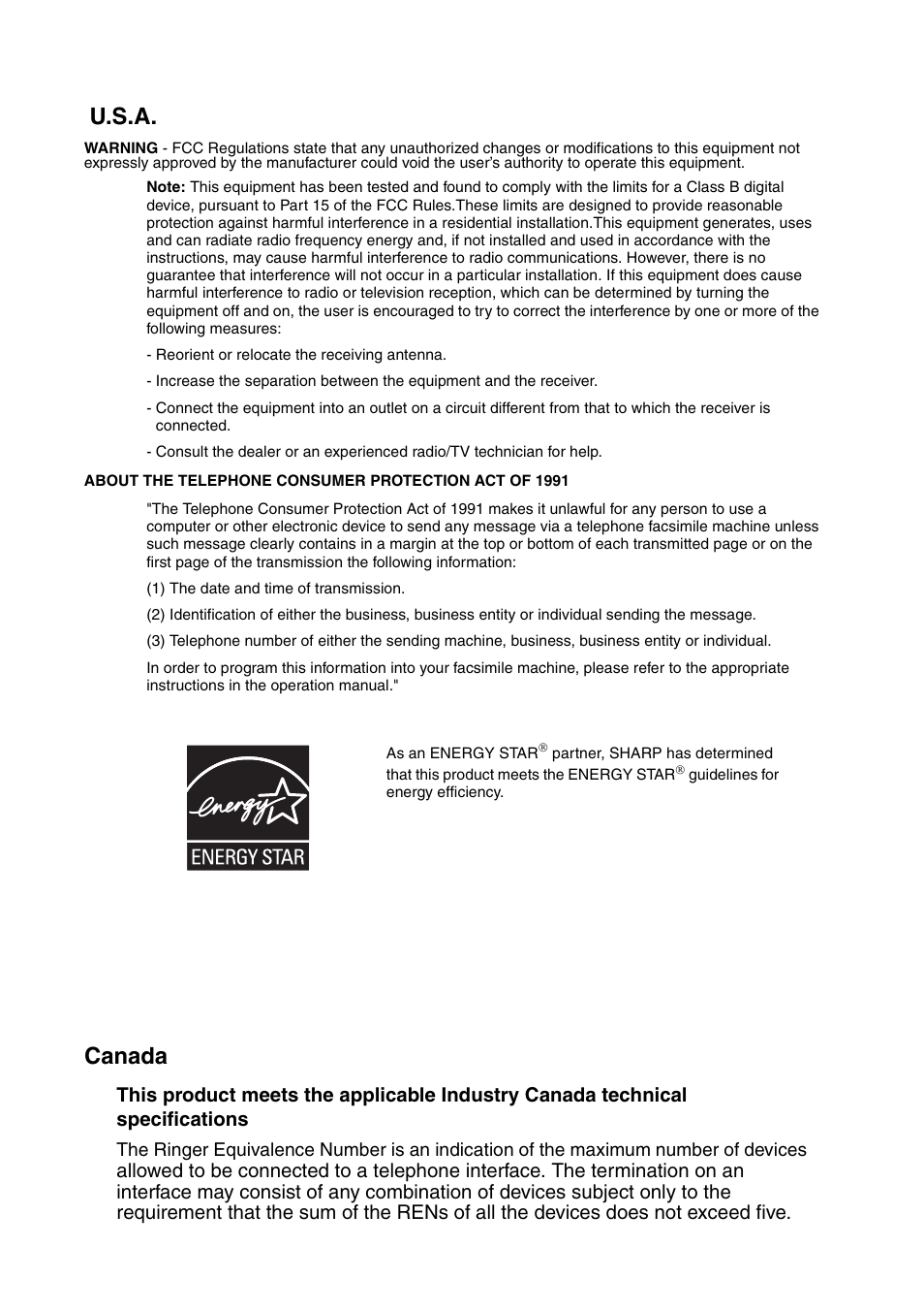 U.s.a. canada | Sharp FO-4470 User Manual | Page 2 / 148