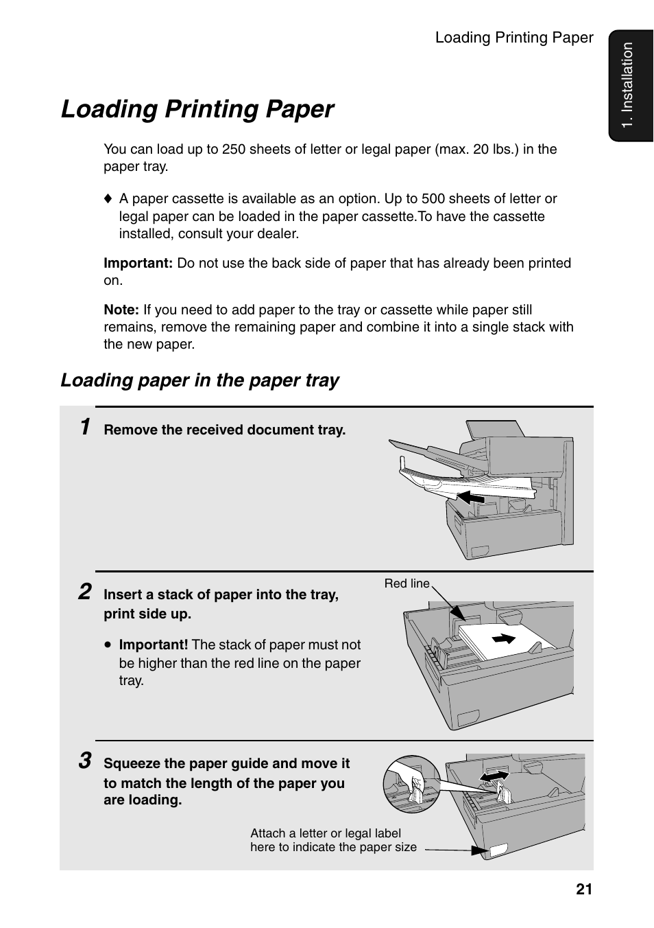Loading printing paper, Loading paper in the paper tray | Sharp FO-4470 User Manual | Page 23 / 148