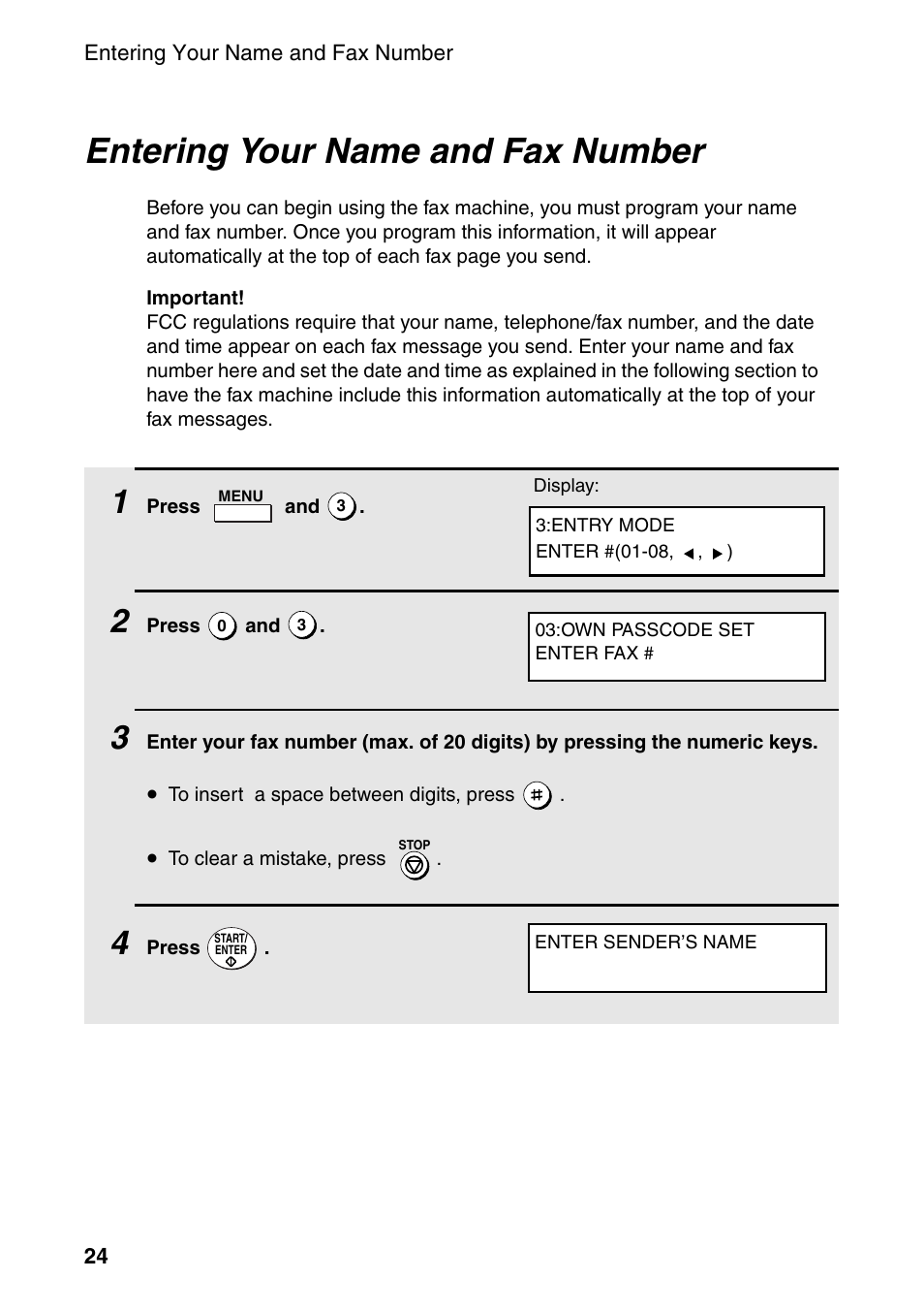 Entering your name and fax number | Sharp FO-4470 User Manual | Page 26 / 148