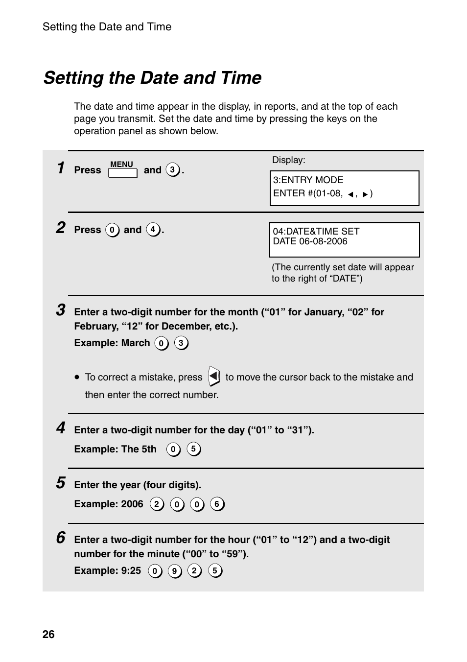 Setting the date and time | Sharp FO-4470 User Manual | Page 28 / 148