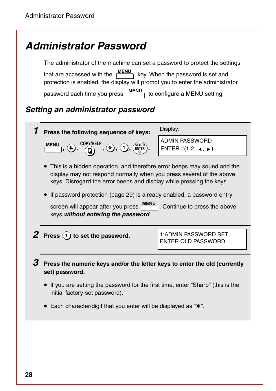 Administrator password, Setting an administrator password | Sharp FO-4470 User Manual | Page 30 / 148
