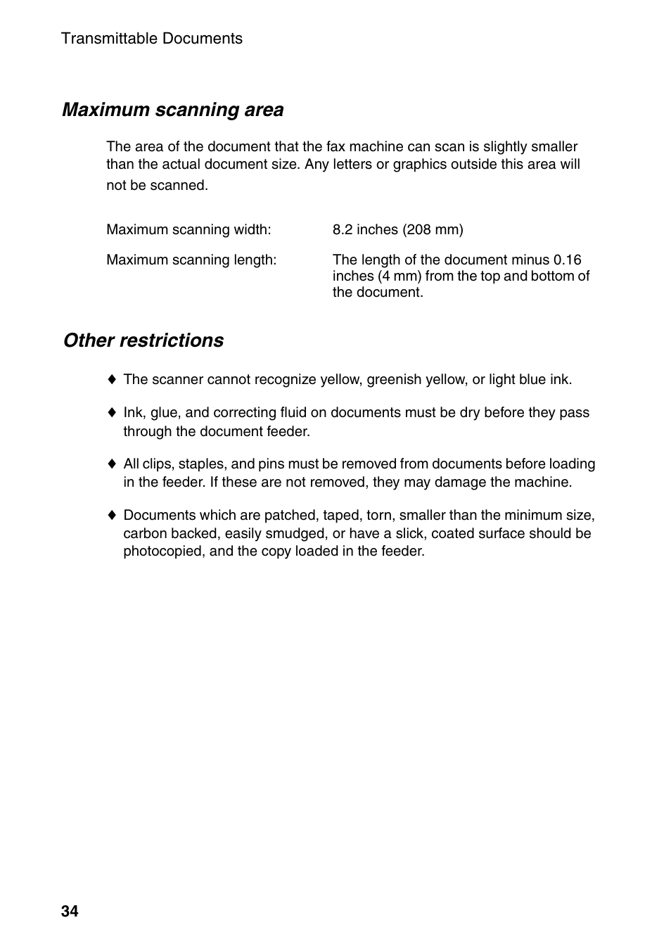 Maximum scanning area, Other restrictions | Sharp FO-4470 User Manual | Page 36 / 148