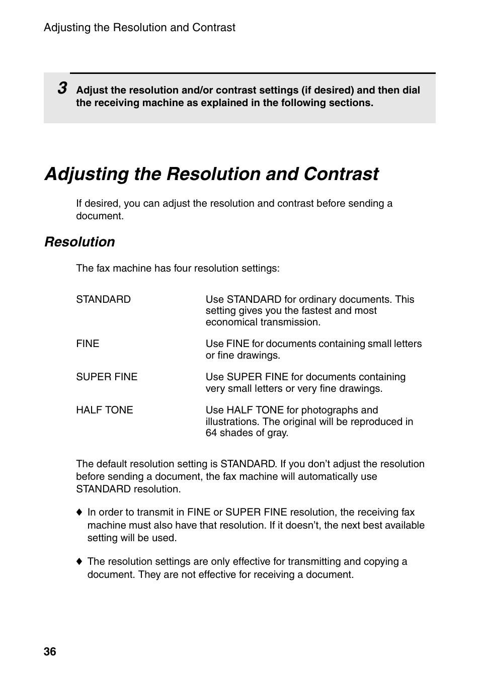 Adjusting the resolution and contrast, Resolution | Sharp FO-4470 User Manual | Page 38 / 148